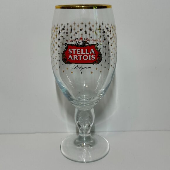Stella Artois Glass with Gold Rim and Stars / Enjoy The Present Drinking Glass - Picture 2 of 8